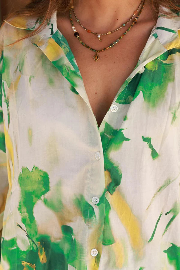 Green Tie-Dye Button-Down Blouse