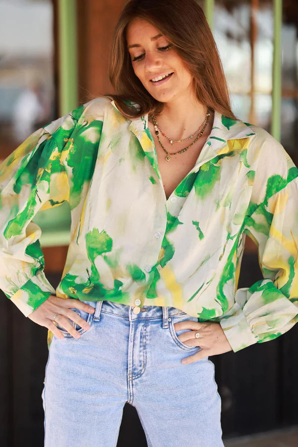 Green Tie-Dye Button-Down Blouse