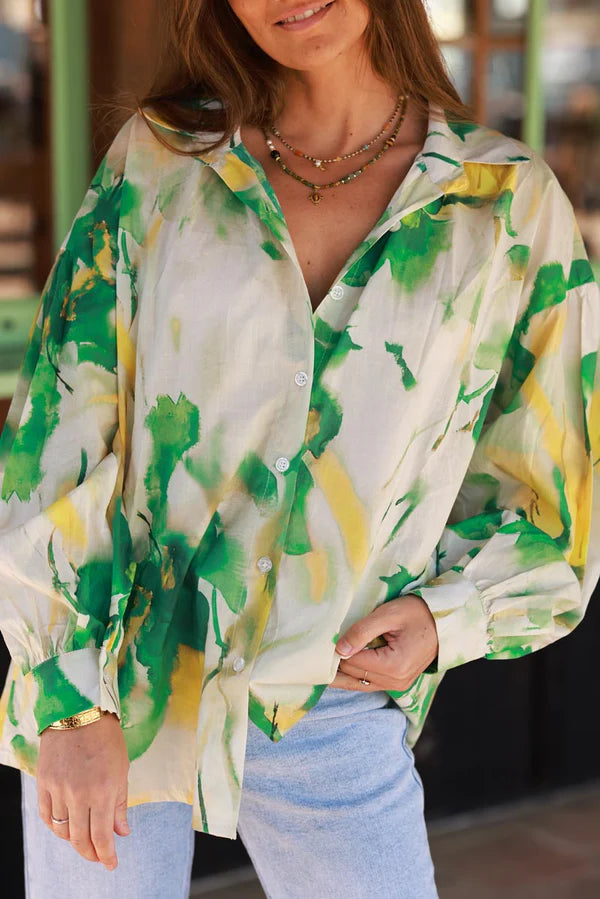 Green Tie-Dye Button-Down Blouse