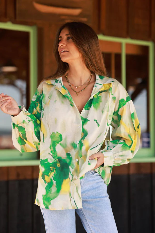 Green Tie-Dye Button-Down Blouse