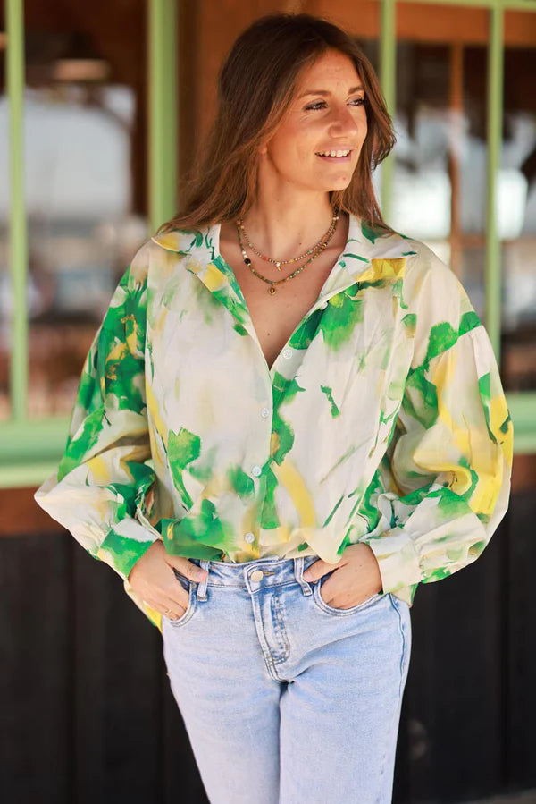 Green Tie-Dye Button-Down Blouse