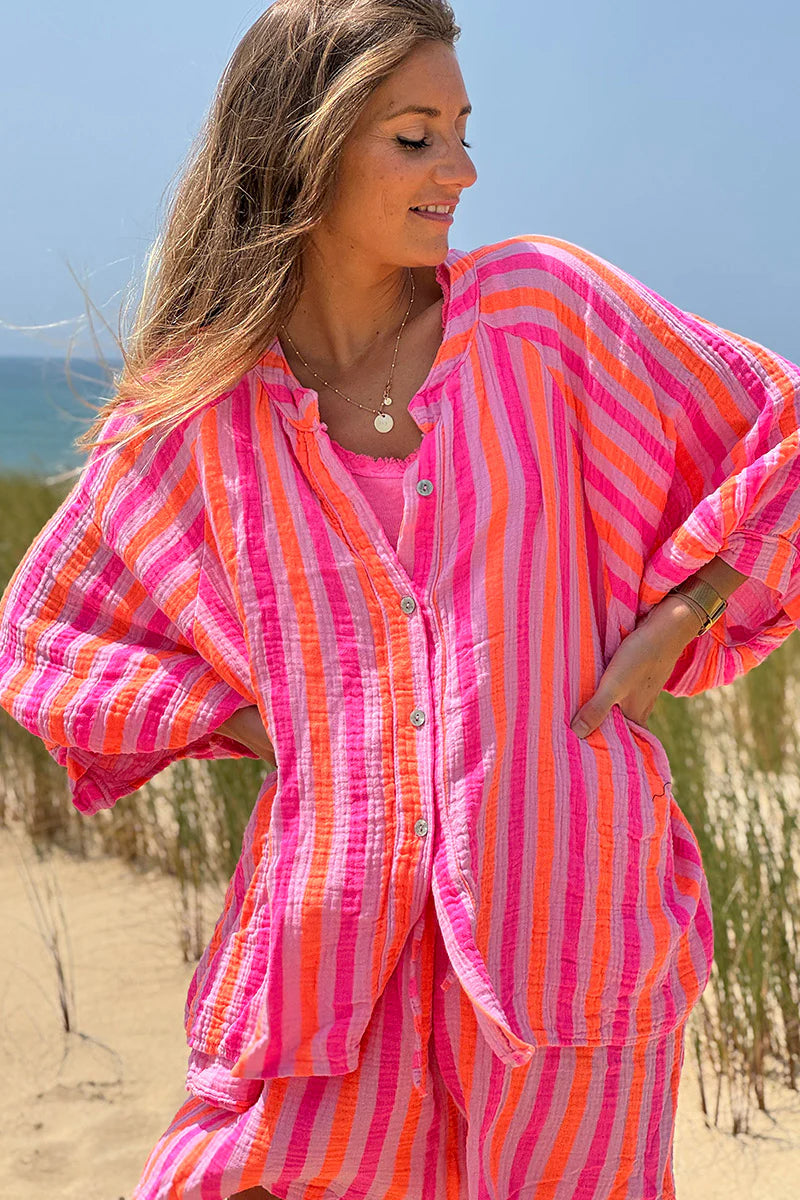 Hot pink and orange striped cotton gauze shirt