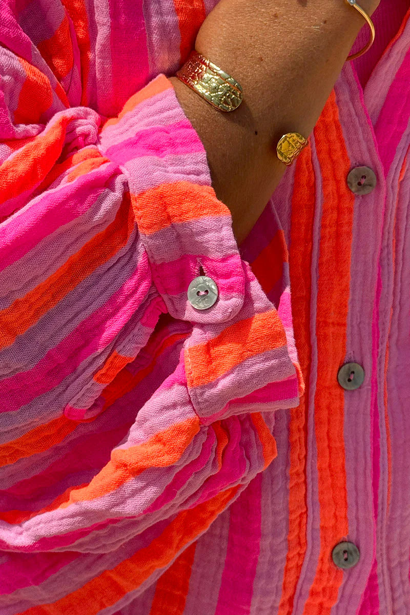 Hot pink and orange striped cotton gauze shirt