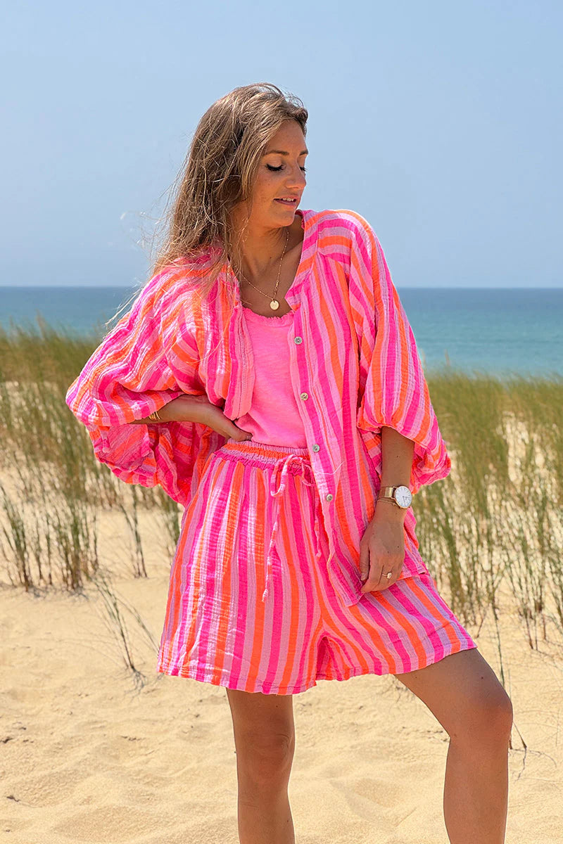 Hot pink and orange striped cotton gauze shirt