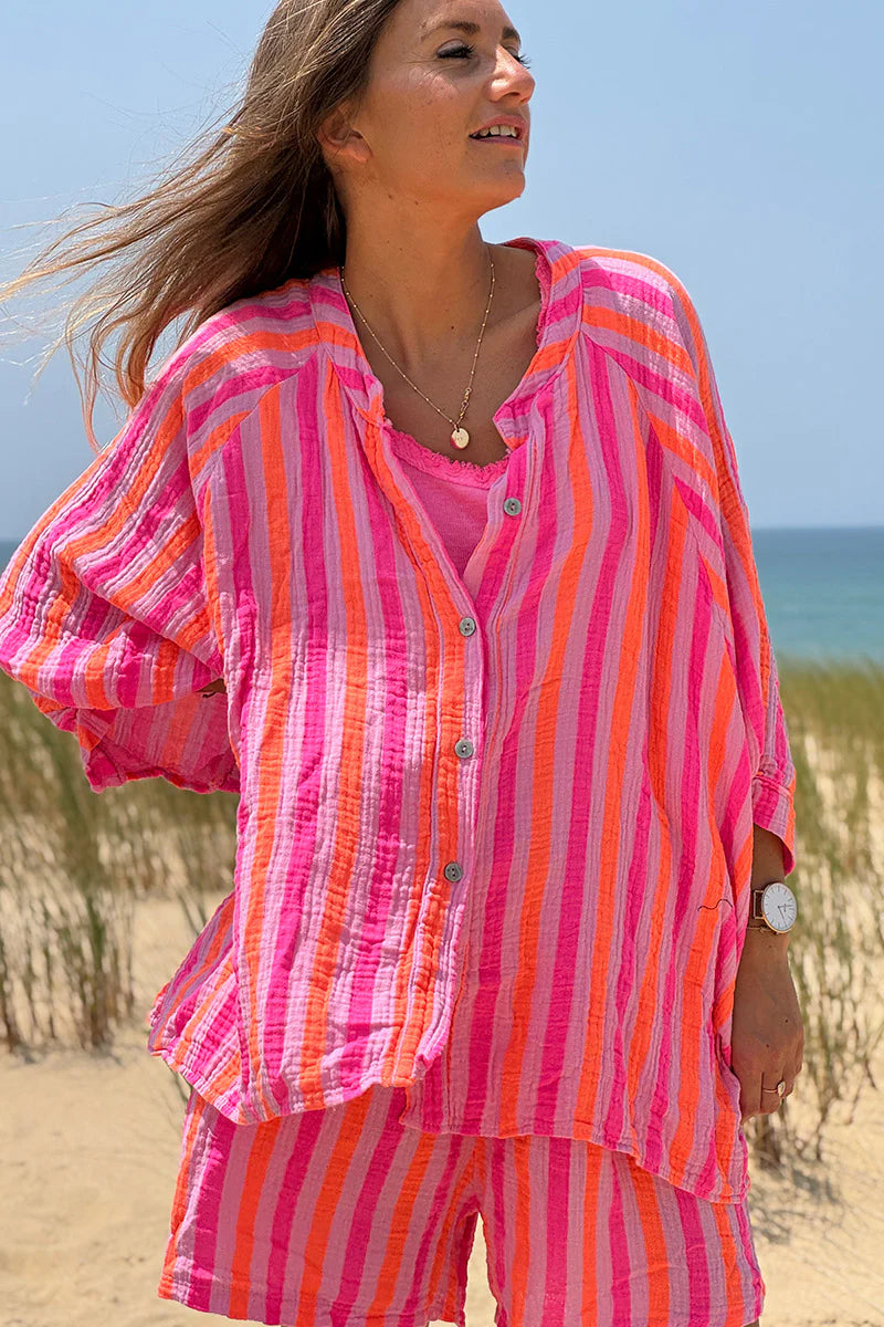 Hot pink and orange striped cotton gauze shirt