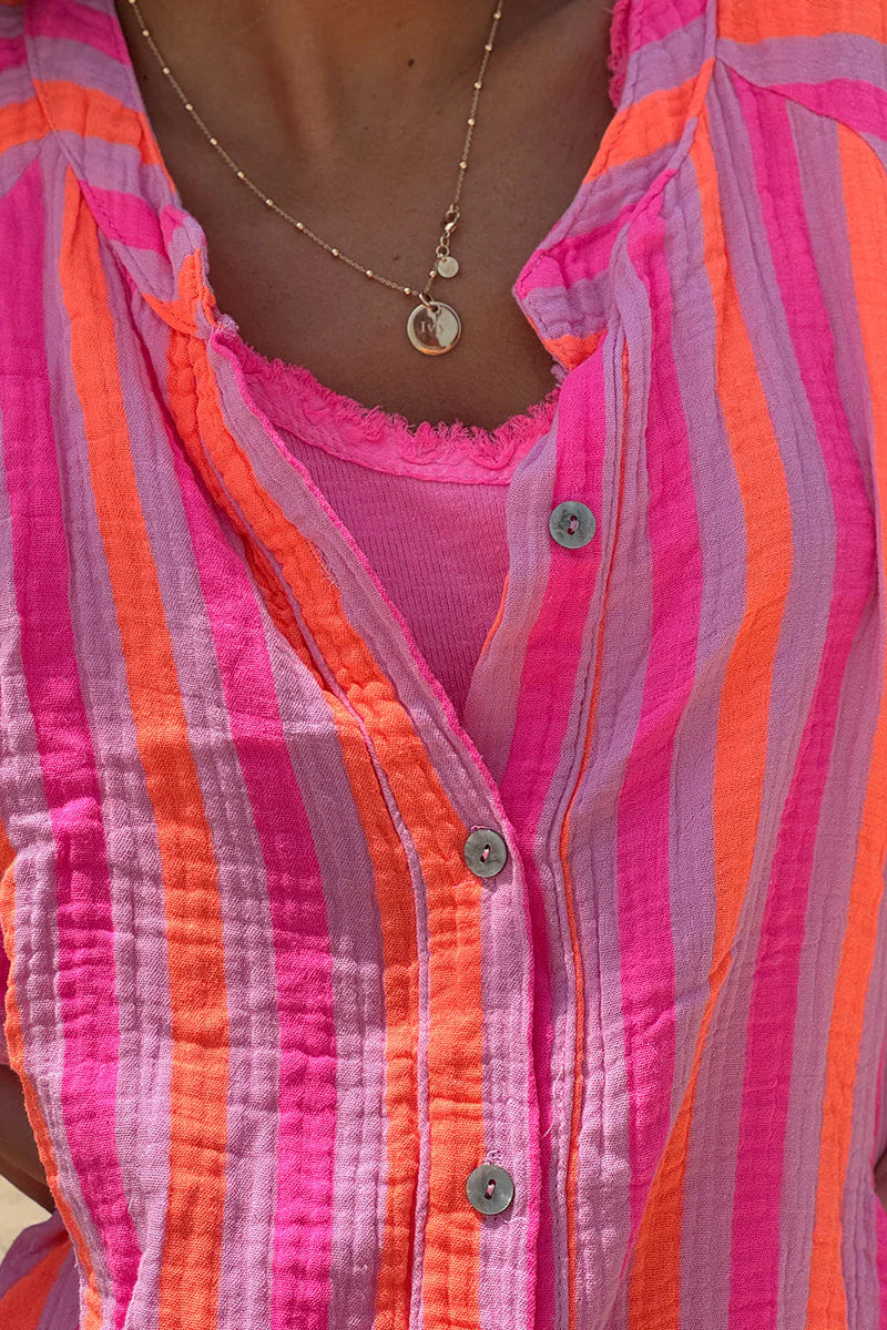 Hot pink and orange striped cotton gauze shirt