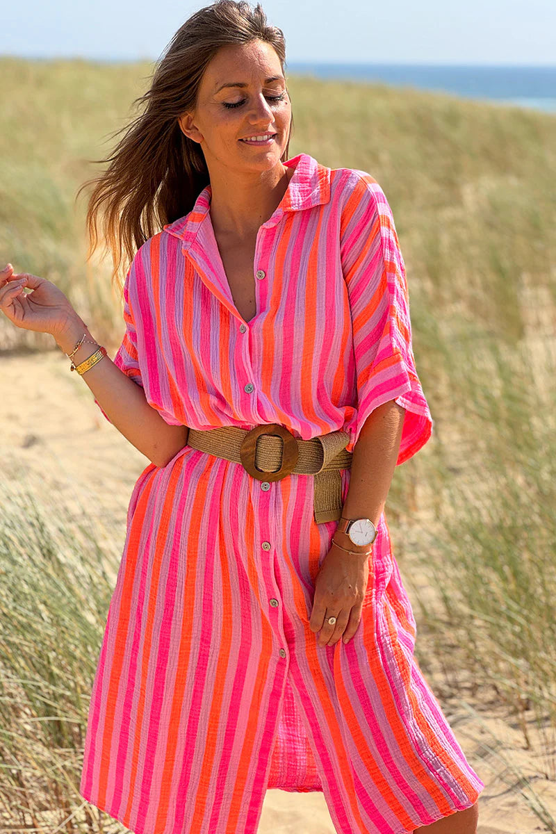 Hot Pink Striped Cabana Shirt Dress