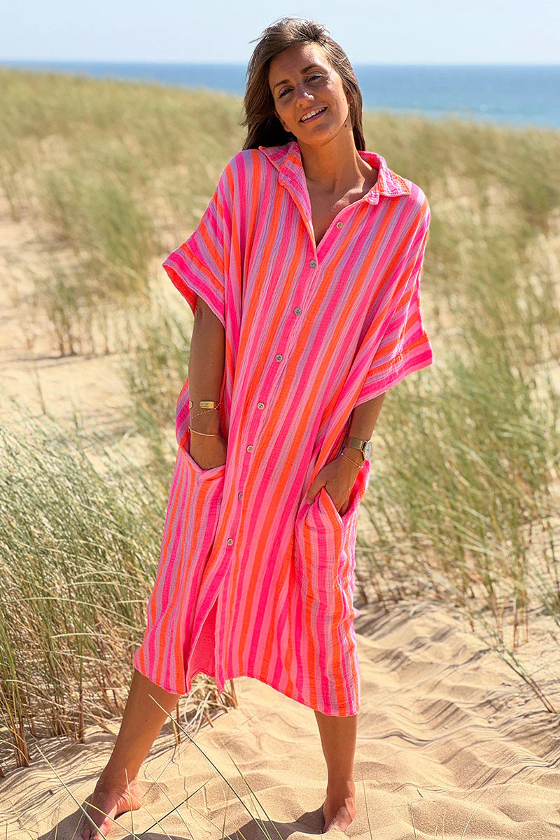 Hot Pink Striped Cabana Shirt Dress