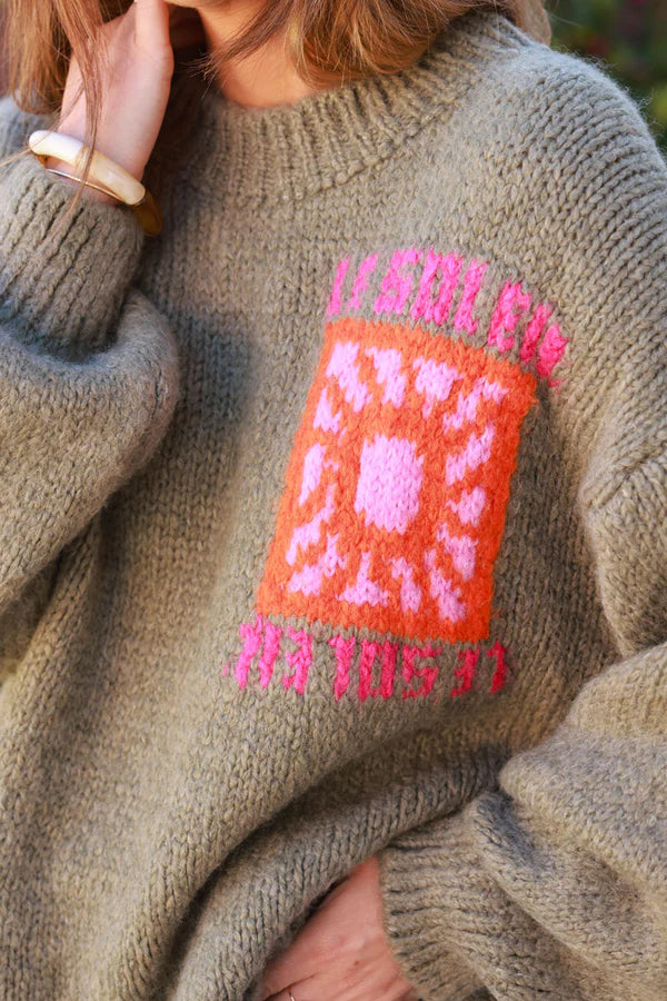 Olive Chunky Knit Sweater with Vibrant Sun Embroidery