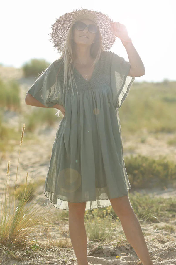 Khaki floaty cotton dress with lace top - Horizons Lointains Khaki floaty cotton dress with lace top - Horizons Lointains