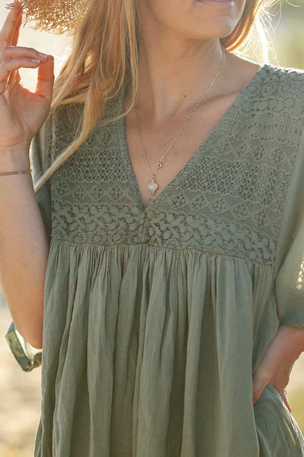 Khaki floaty cotton dress with lace detail