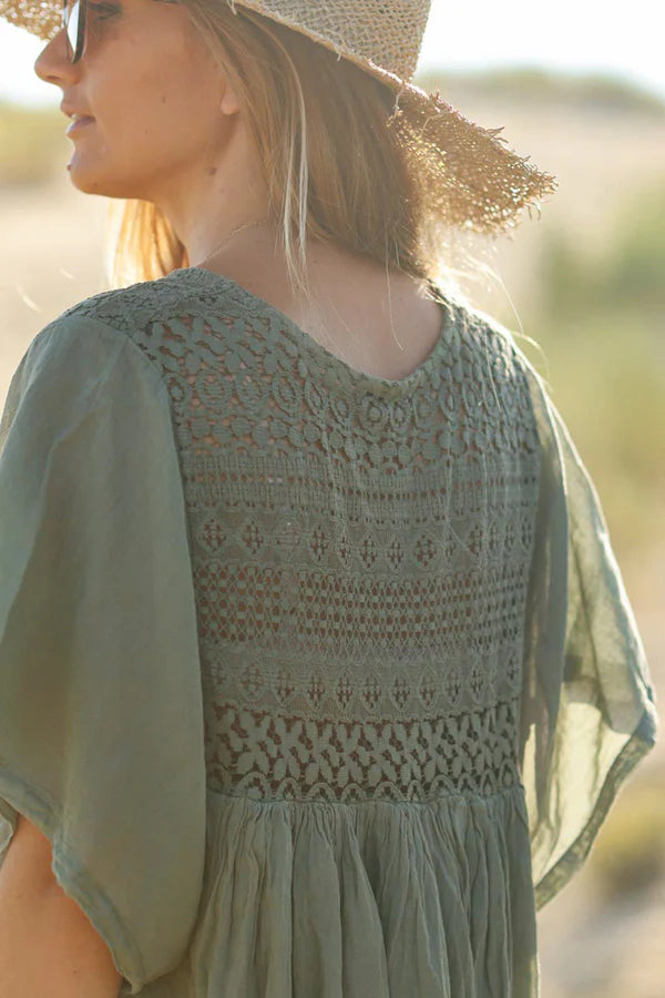 Khaki floaty cotton dress with lace detail