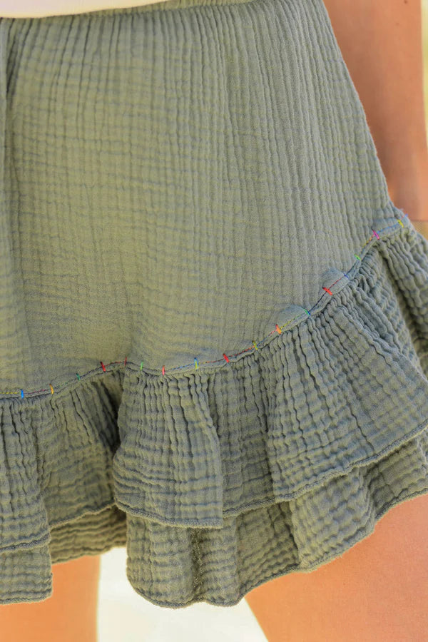Khaki layered frill cotton skort with colored threads
