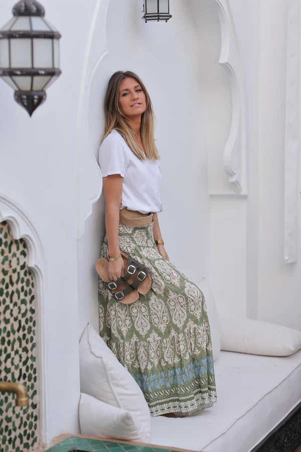 Khaki oriental style floaty tiered skirt with wooden raphia belt