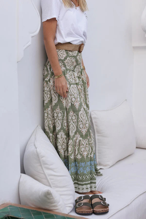 Khaki oriental style floaty tiered skirt with wooden raphia belt