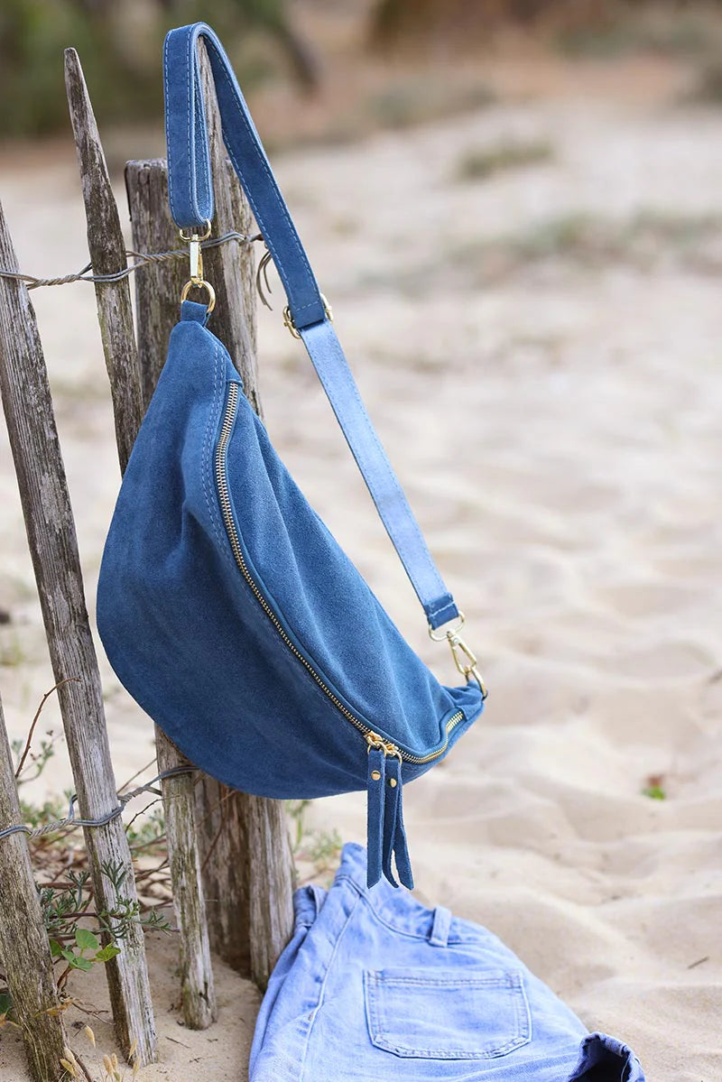 Large blue suede leather bum bag Horizons Lointains Paris