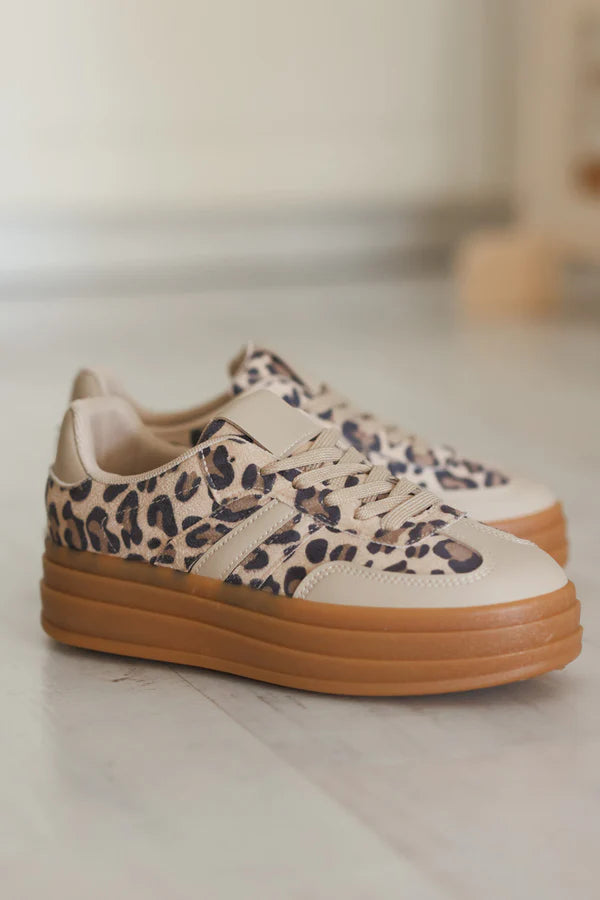 Leopard and Beige Stripe Vintage Sueded Sneakers