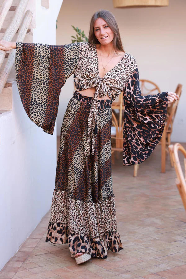 Leopard Luxe Viscose Flamenco Blouse and Skirt Set