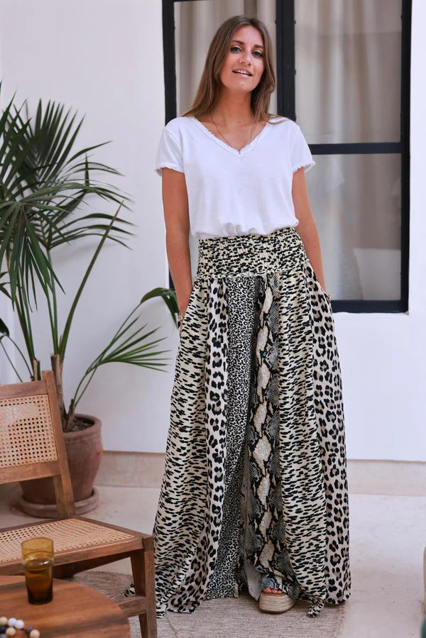 Leopard Print Ruched Waist Wide Leg Pants