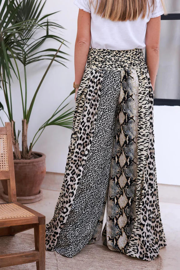 Leopard Print Ruched Waist Wide Leg Pants