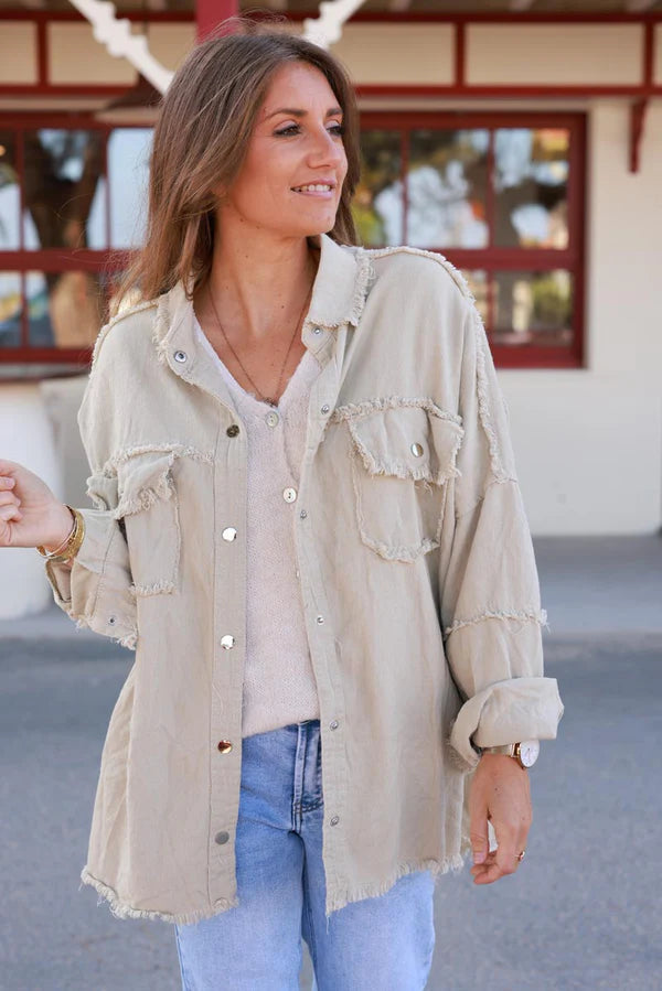 Light Beige denim jacket with 'smile' and flower embroidery