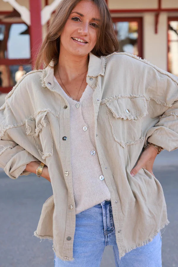 Light Beige denim jacket with 'smile' and flower embroidery