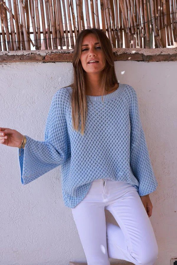 Light Blue Cotton Textured Waffle Knit Top