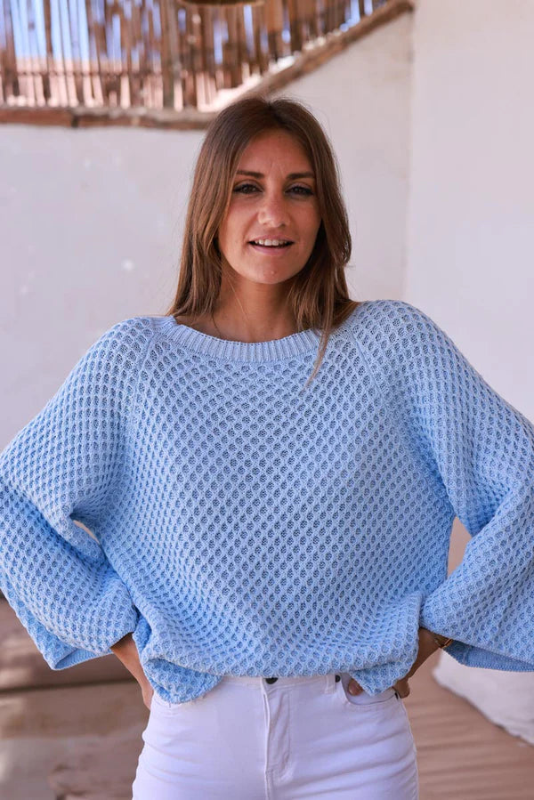 Light Blue Cotton Textured Waffle Knit Top