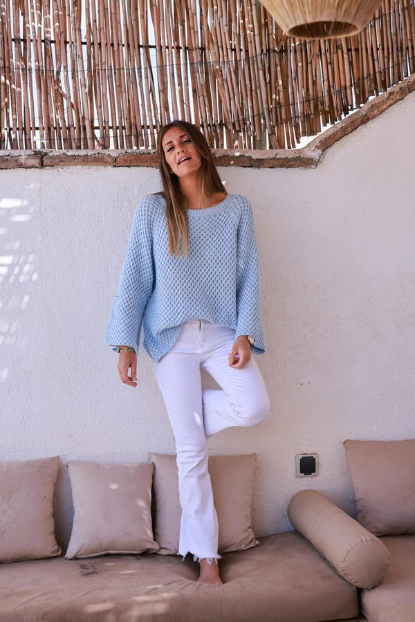 Light Blue Cotton Textured Waffle Knit Top