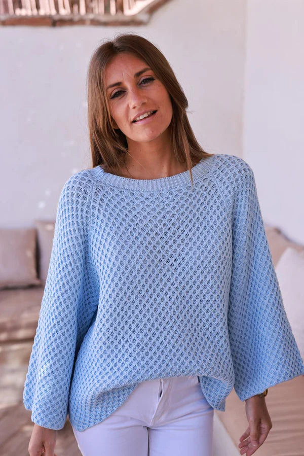 Light Blue Cotton Textured Waffle Knit Top