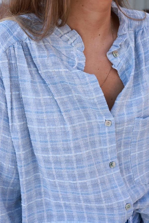 Light Blue Plaid Open Weave Button-Down Blouse