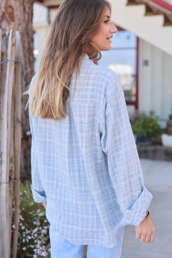 Light Blue Plaid Open Weave Button-Down Blouse
