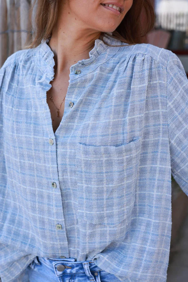 Light Blue Plaid Open Weave Button-Down Blouse