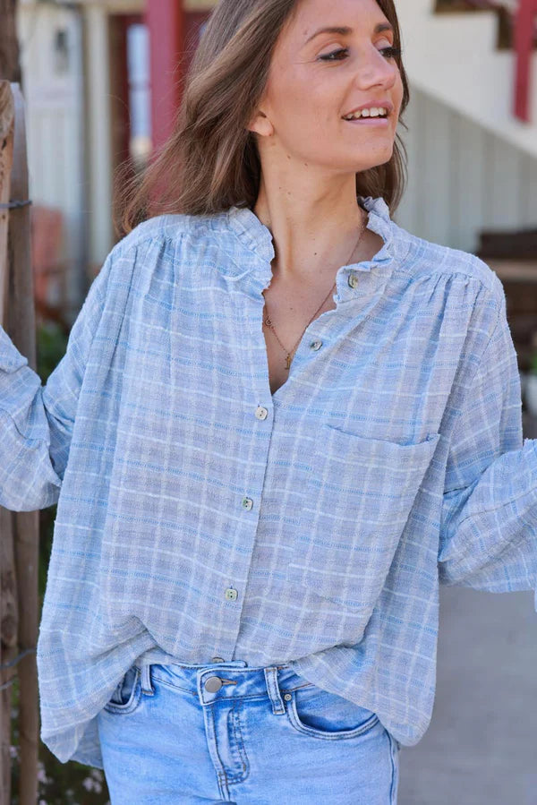 Light Blue Plaid Open Weave Button-Down Blouse