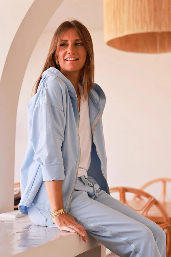 Light blue Satin Stripe Stretch Knit Zip Hoodie