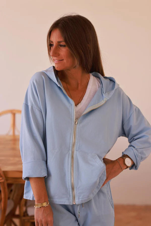 Light blue Satin Stripe Stretch Knit Zip Hoodie