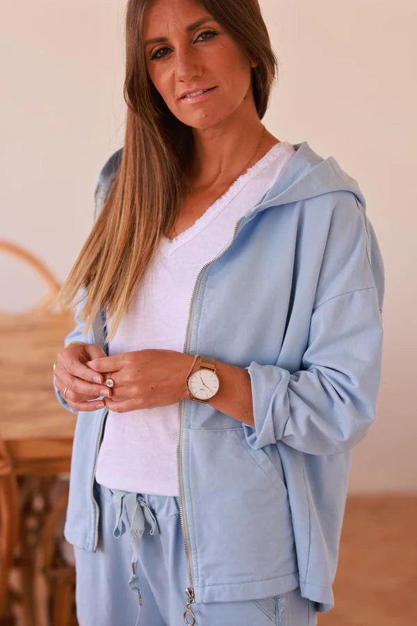 Light blue Satin Stripe Stretch Knit Zip Hoodie