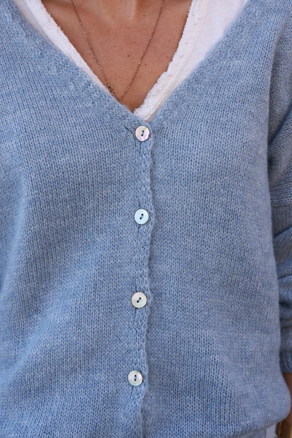 Light Blue Wool Blend V-Neck Knit Cardigan