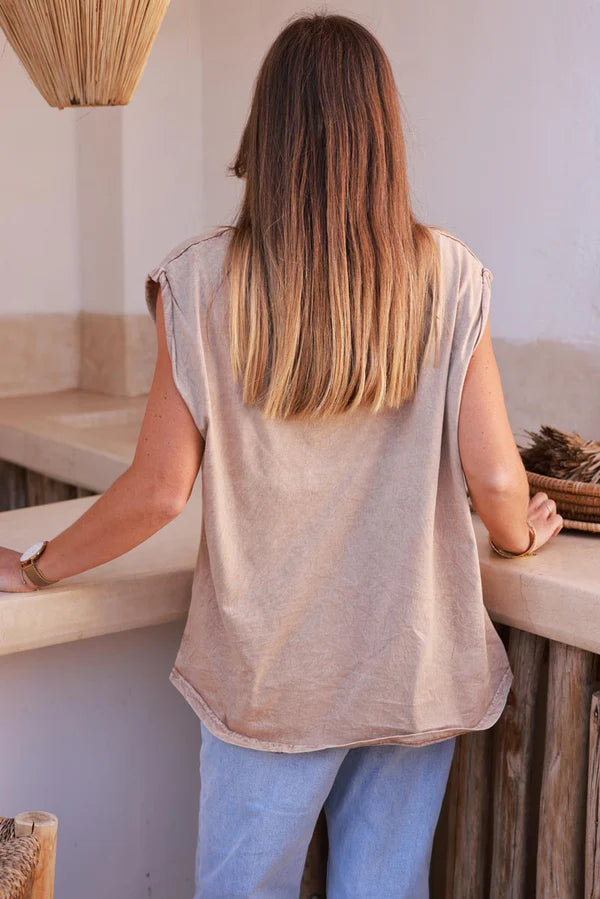 Light Brown AMOUR Beaded Cap-Sleeve Tee