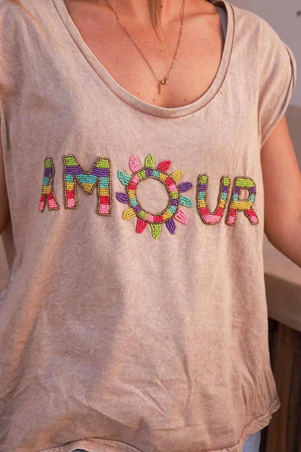 Light Brown AMOUR Beaded Cap-Sleeve Tee