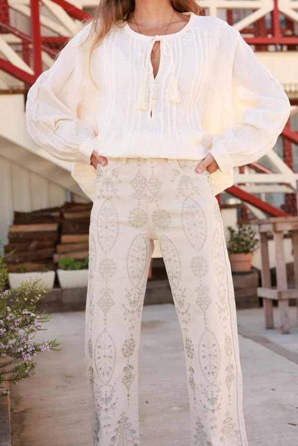 Light brown Embroidered Boho Motif Wide-Leg Jeans