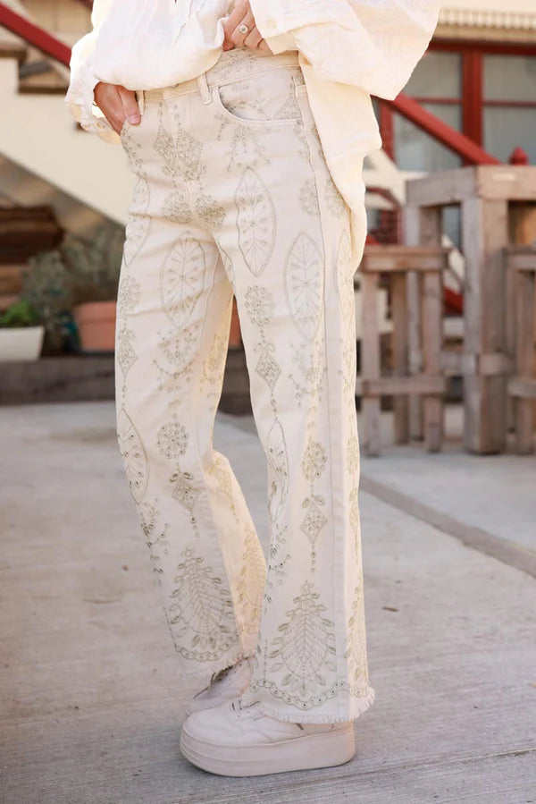 Light brown Embroidered Boho Motif Wide-Leg Jeans