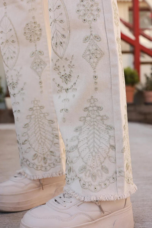 Light brown Embroidered Boho Motif Wide-Leg Jeans