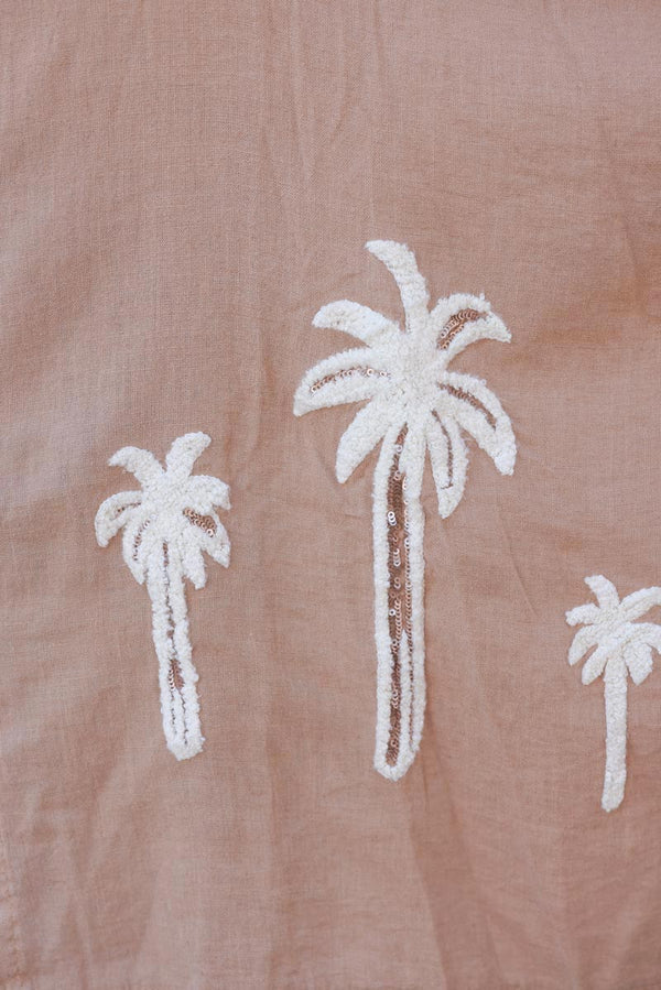 Light Camel Linen Blend Oversized Button-Down Shirt with Palm Tree in Boucle