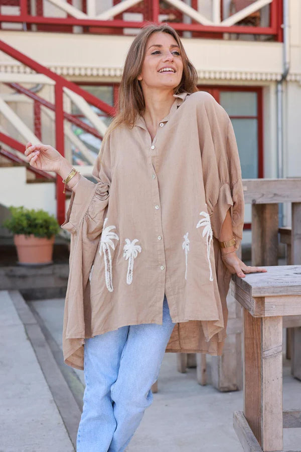 Light Camel Linen Blend Oversized Button-Down Shirt with Palm Tree in Boucle