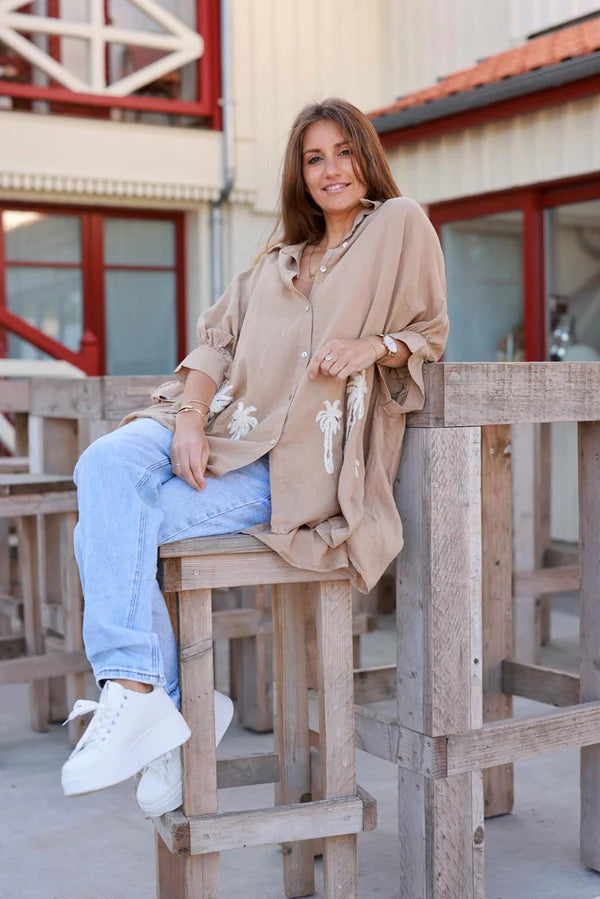 Light Camel Linen Blend Oversized Button-Down Shirt with Palm Tree in Boucle