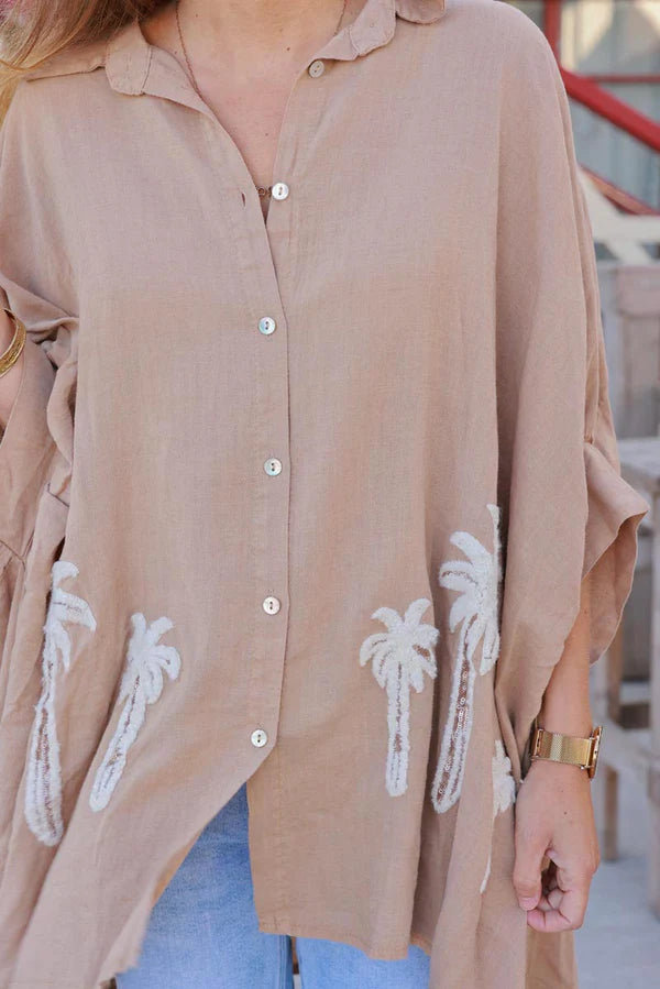 Light Camel Linen Blend Oversized Button-Down Shirt with Palm Tree in Boucle