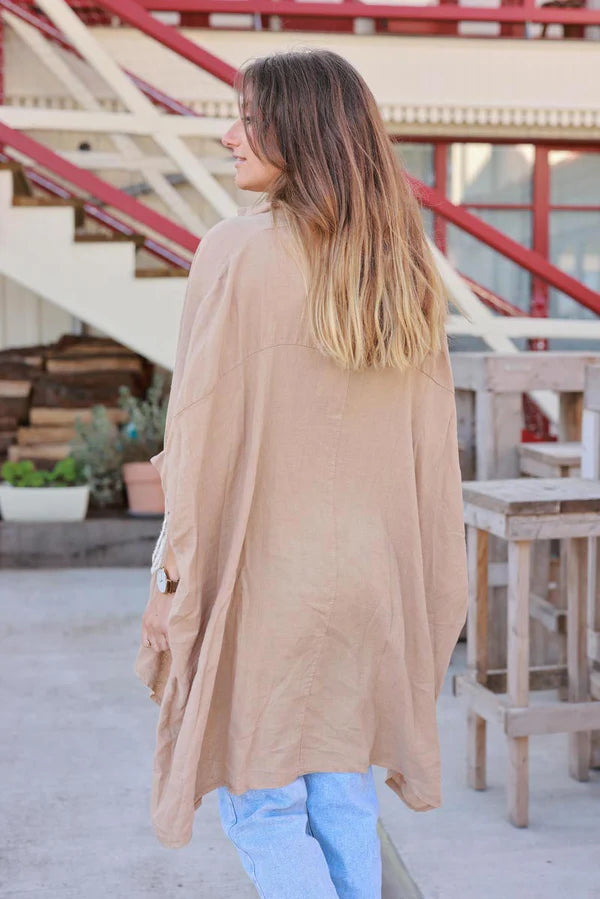 Light Camel Linen Blend Oversized Button-Down Shirt with Palm Tree in Boucle