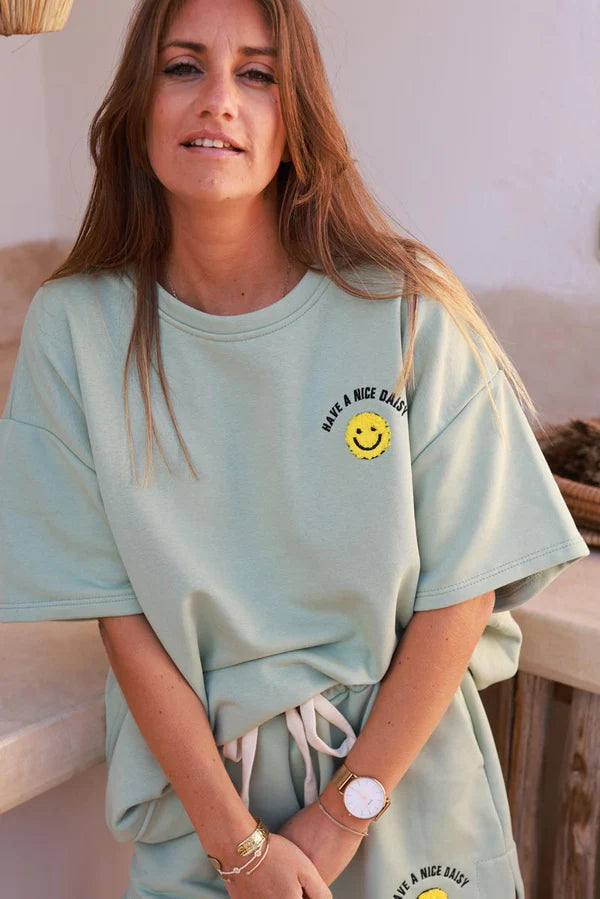 Light Olive Smiley Face Jersey Knit Tee