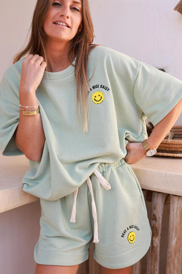 Light Olive Smiley Face Jersey Knit Tee